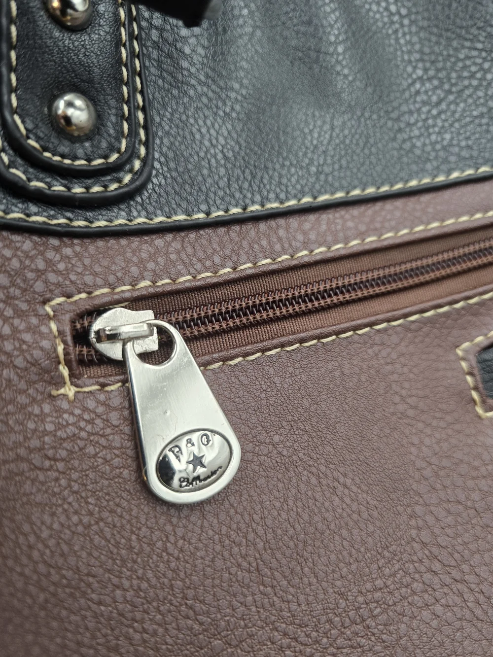 Embellished Two-Tone Black and Brown Satchel Handbag